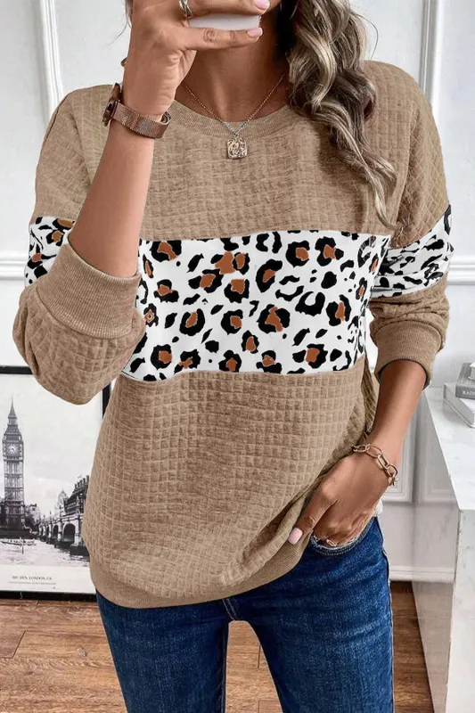 Parchment Leopard Quilted Patchwork Crew Neck Sweatshirt sold by Beagle Boutique