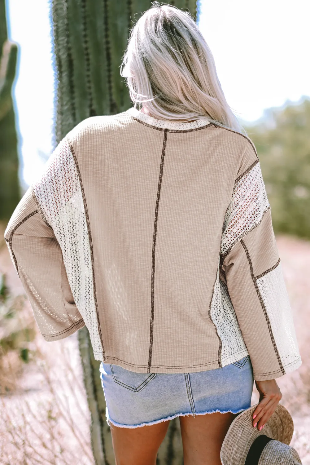 Parchment Crochet Detail Exposed Seam High Low Loose Top sold by Beagle Boutique product image thumbnail 5