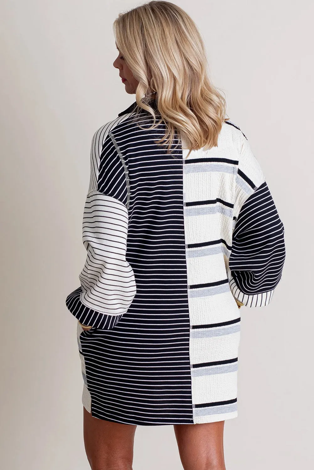 Black Stripe Colourblock Knit Henley Collar Shift Long Sleeve Mini Dress sold by Beagle Boutique product image thumbnail 2