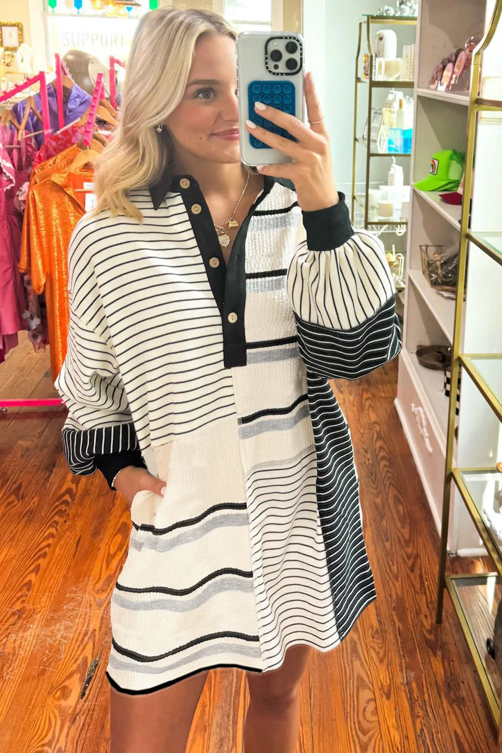 Black Stripe Colourblock Knit Henley Collar Shift Long Sleeve Mini Dress sold by Beagle Boutique product image thumbnail 4