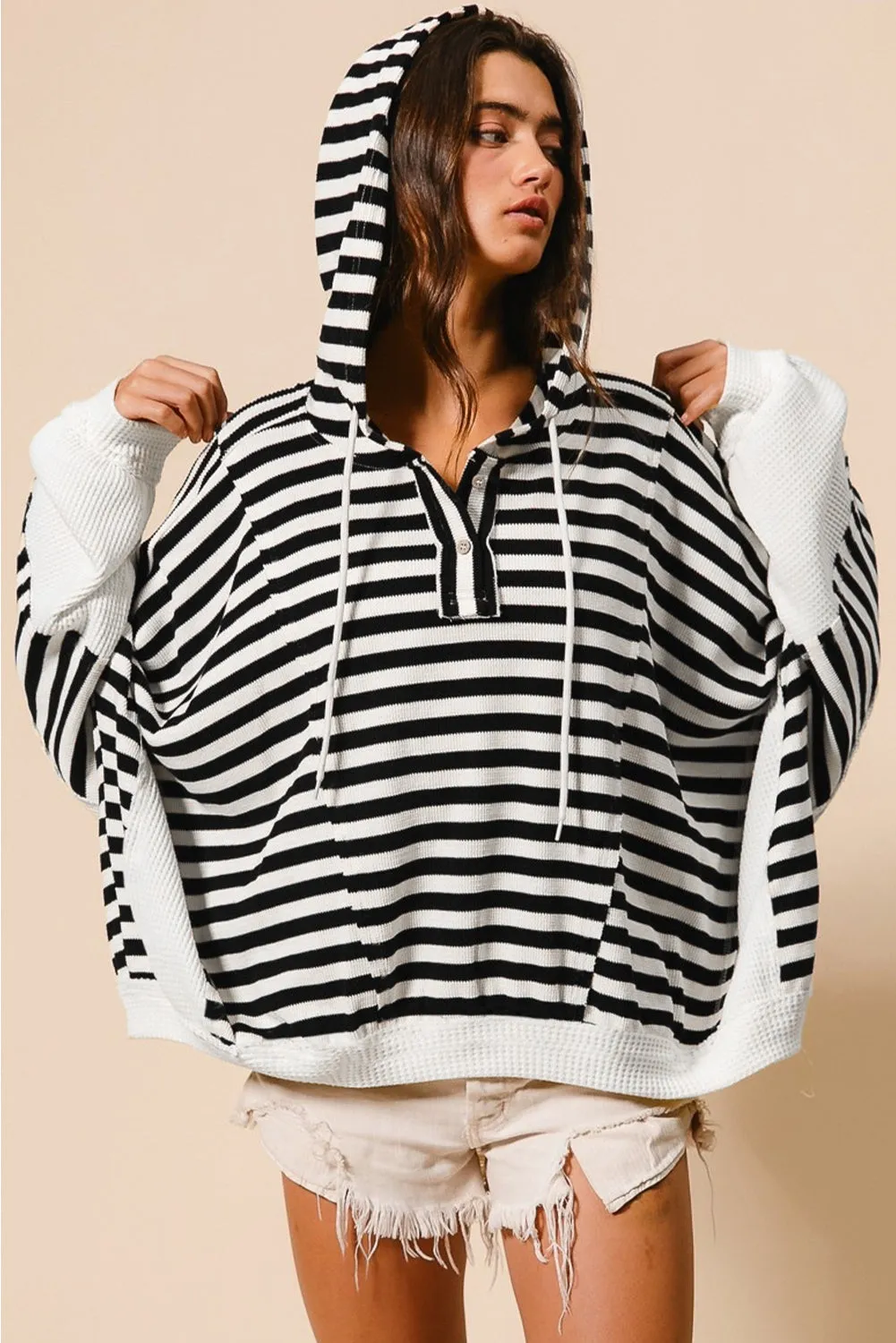 Black white Oversized Striped Henley Buttons Dolman Sleeve Hooded Top sold by Beagle Boutique product image thumbnail 2