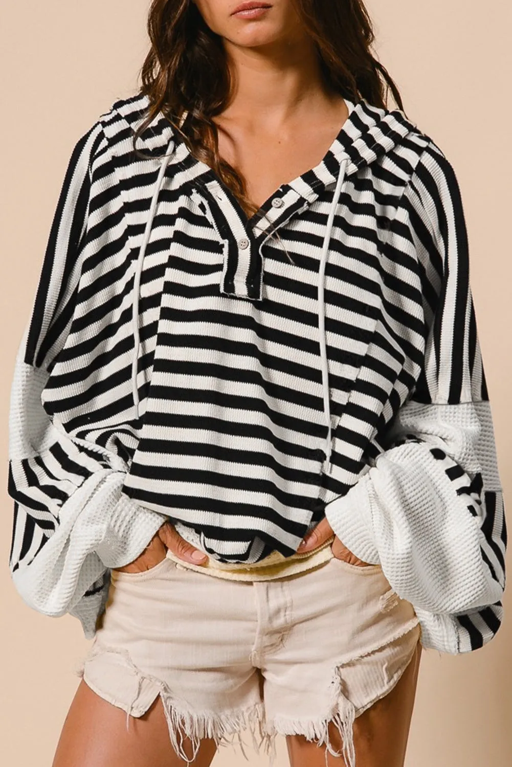Black white Oversized Striped Henley Buttons Dolman Sleeve Hooded Top sold by Beagle Boutique