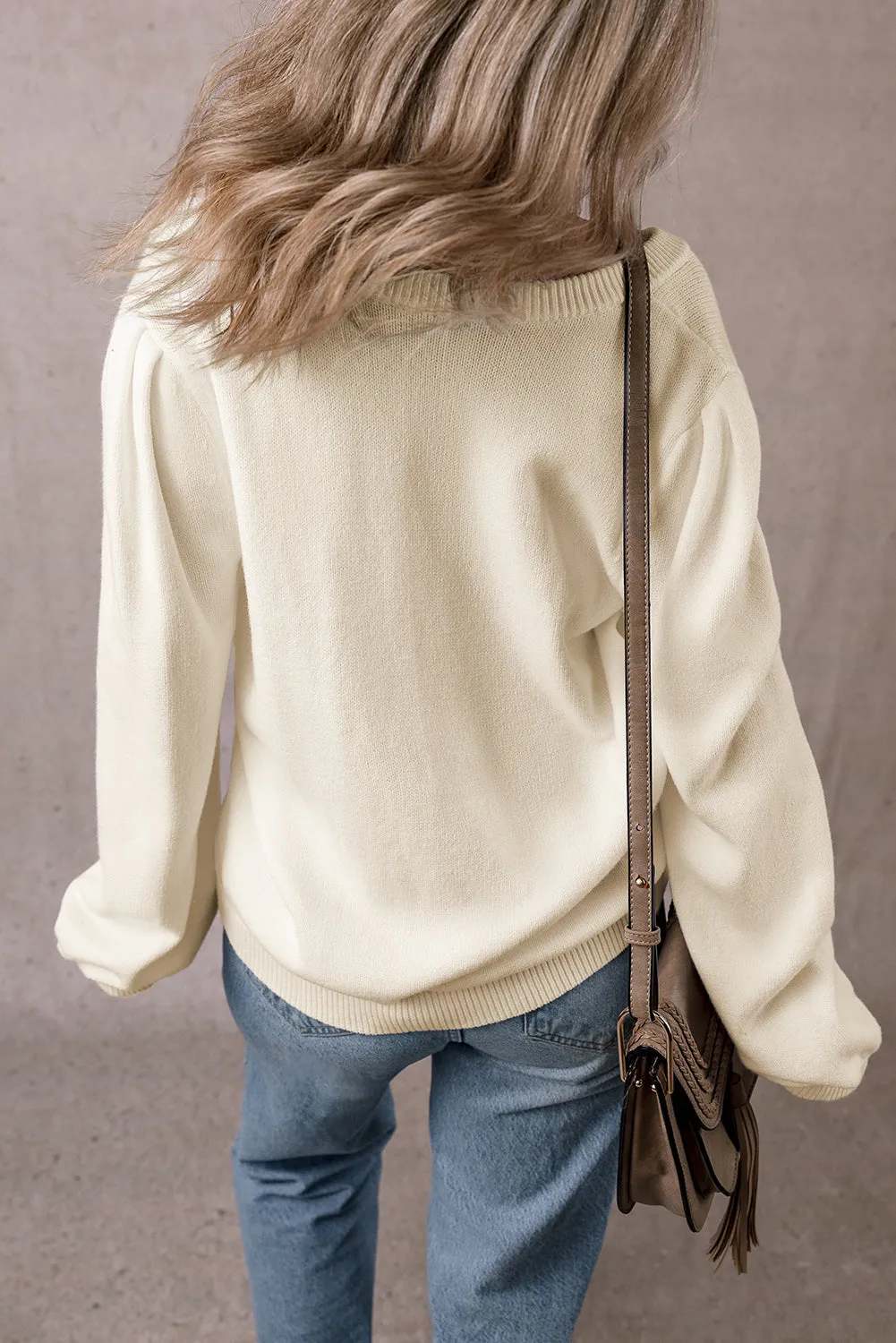 Beige Pleated Sleeve Hollow Detail Button Sweater Cardigan sold by Beagle Boutique product image thumbnail 2