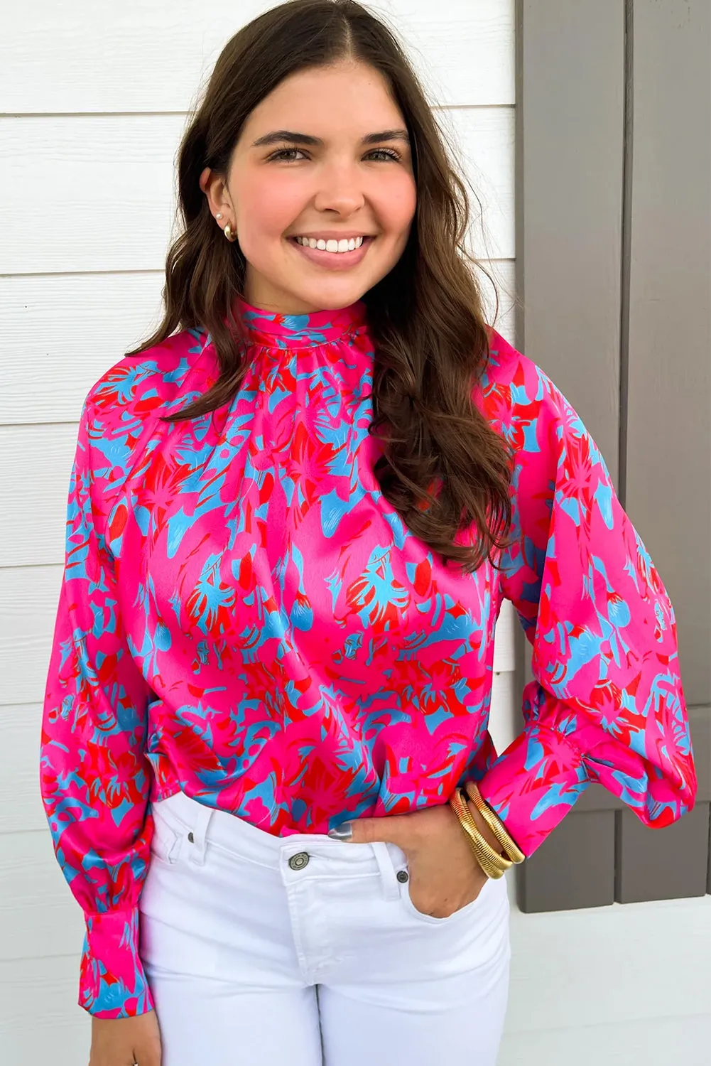 Purple Printed Bubble Sleeve Mock Neck Blouse sold by Beagle Boutique product image thumbnail 2