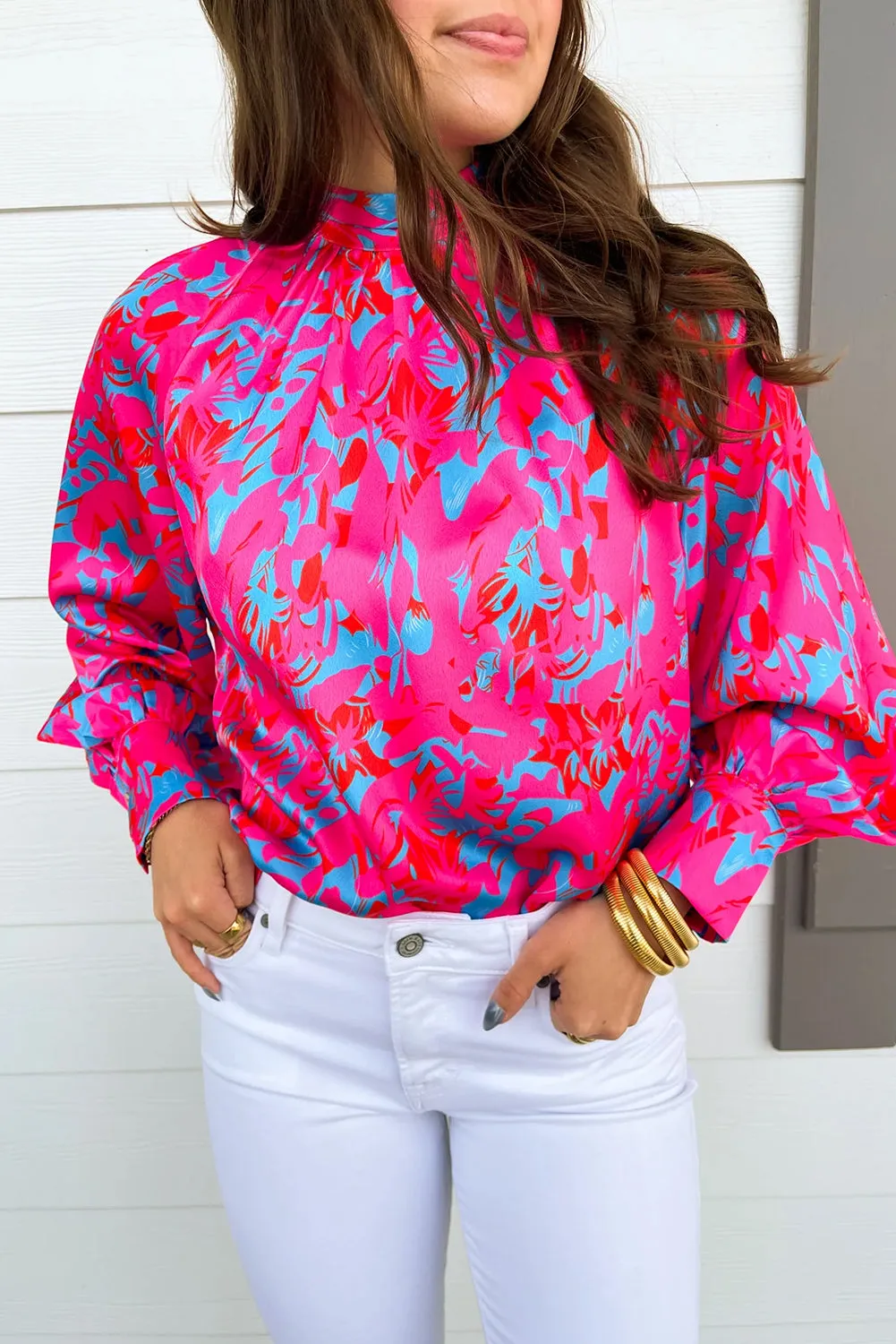 Purple Printed Bubble Sleeve Mock Neck Blouse sold by Beagle Boutique