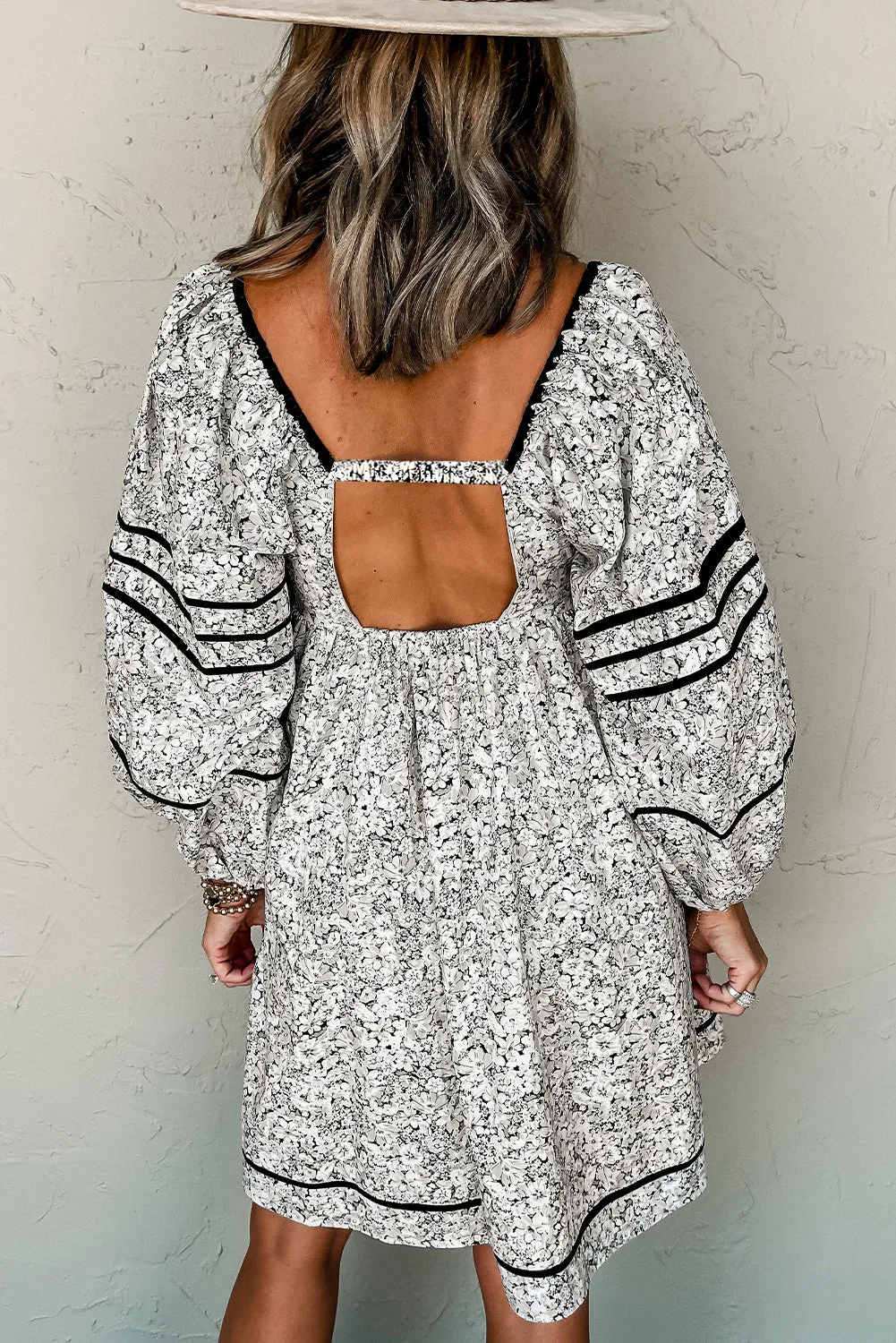 Grey Floral Print Open Back Balloon Sleeve Square Neck Mini Dress sold by Beagle Boutique product image thumbnail 2