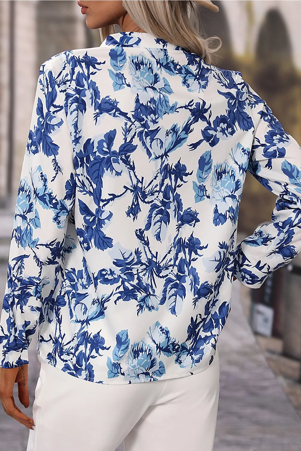 Sky Blue Floral Print Notched Neck Elegant Blouse sold by Beagle Boutique product image thumbnail 2