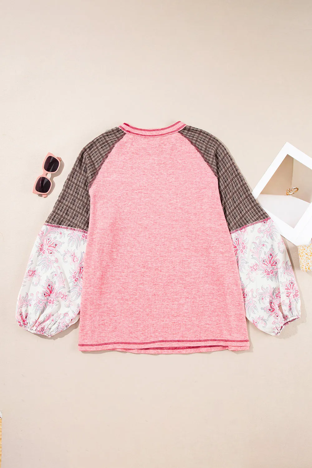 Pink Checkered Paisley Patchwork Raglan Sleeve Seamed Plus Size Top sold by Beagle Boutique product image thumbnail 2