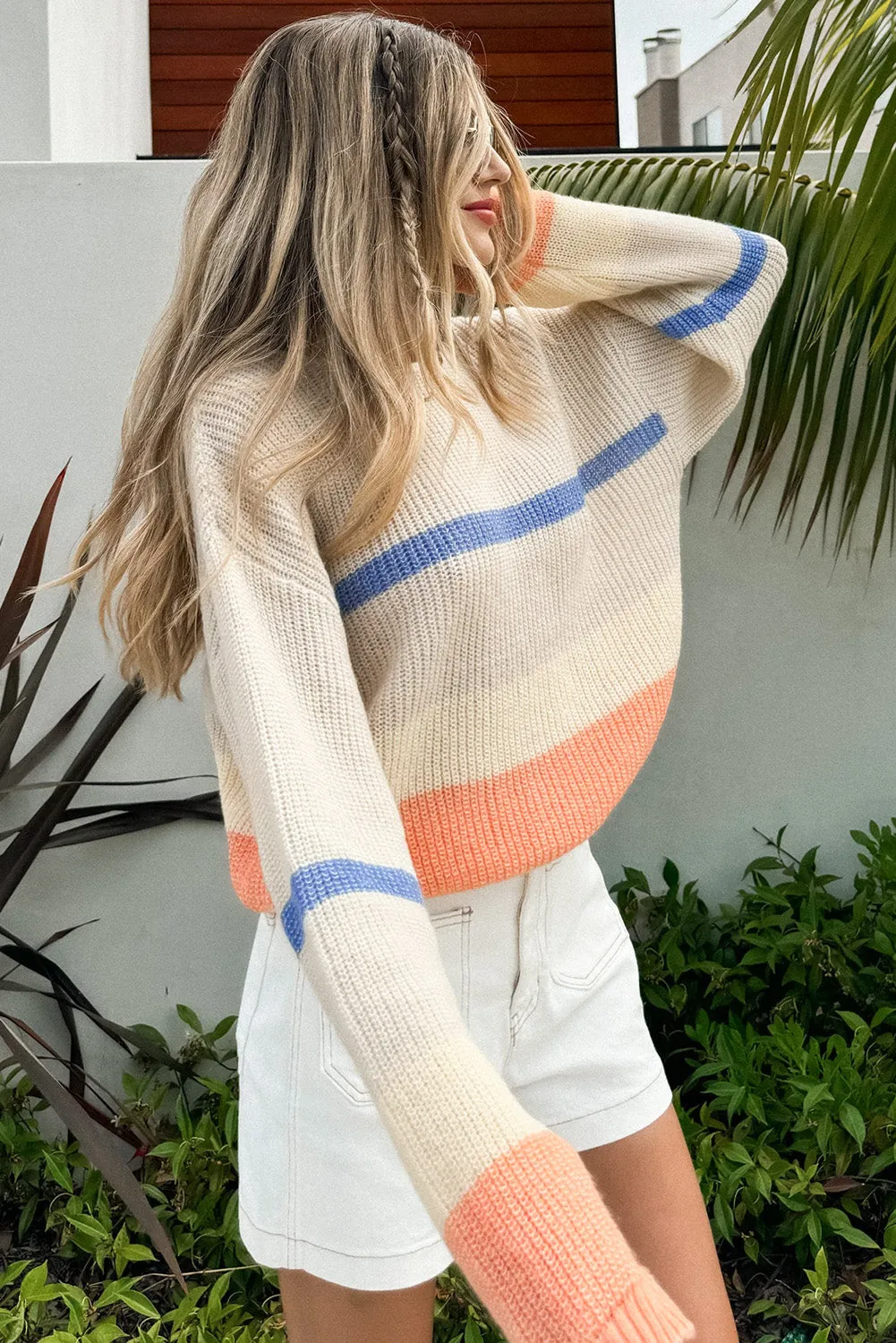 Beige Colourblock Striped Drop Shoulder Cozy Sweater sold by Beagle Boutique product image thumbnail 3
