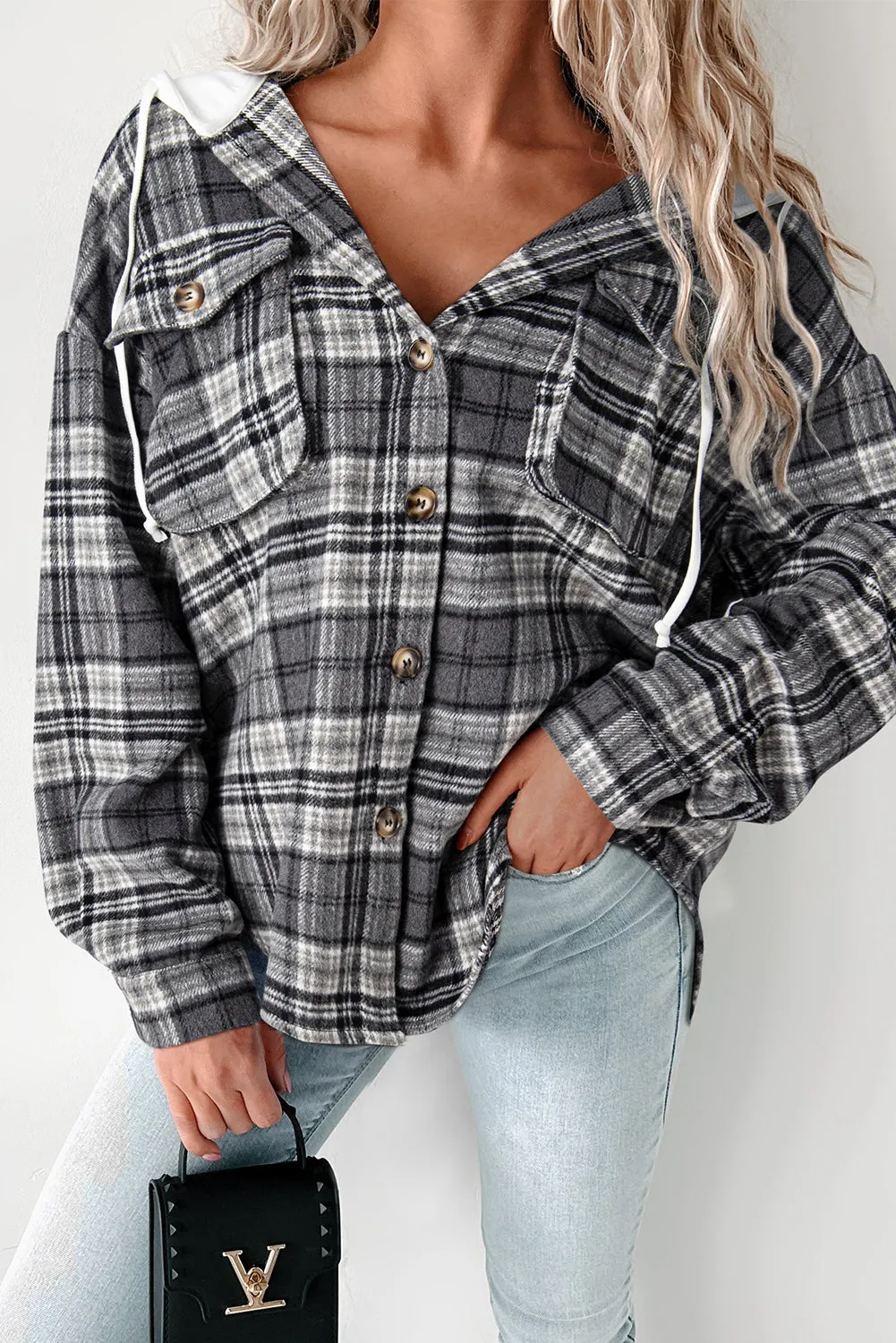 Black Plaid Print Flap Pockets Contrast Hooded Loose Shacket sold by Beagle Boutique