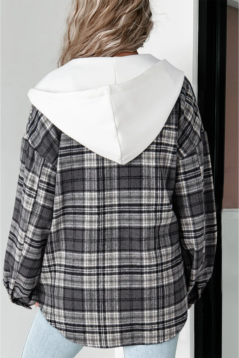 Black Plaid Print Flap Pockets Contrast Hooded Loose Shacket sold by Beagle Boutique product image thumbnail 2