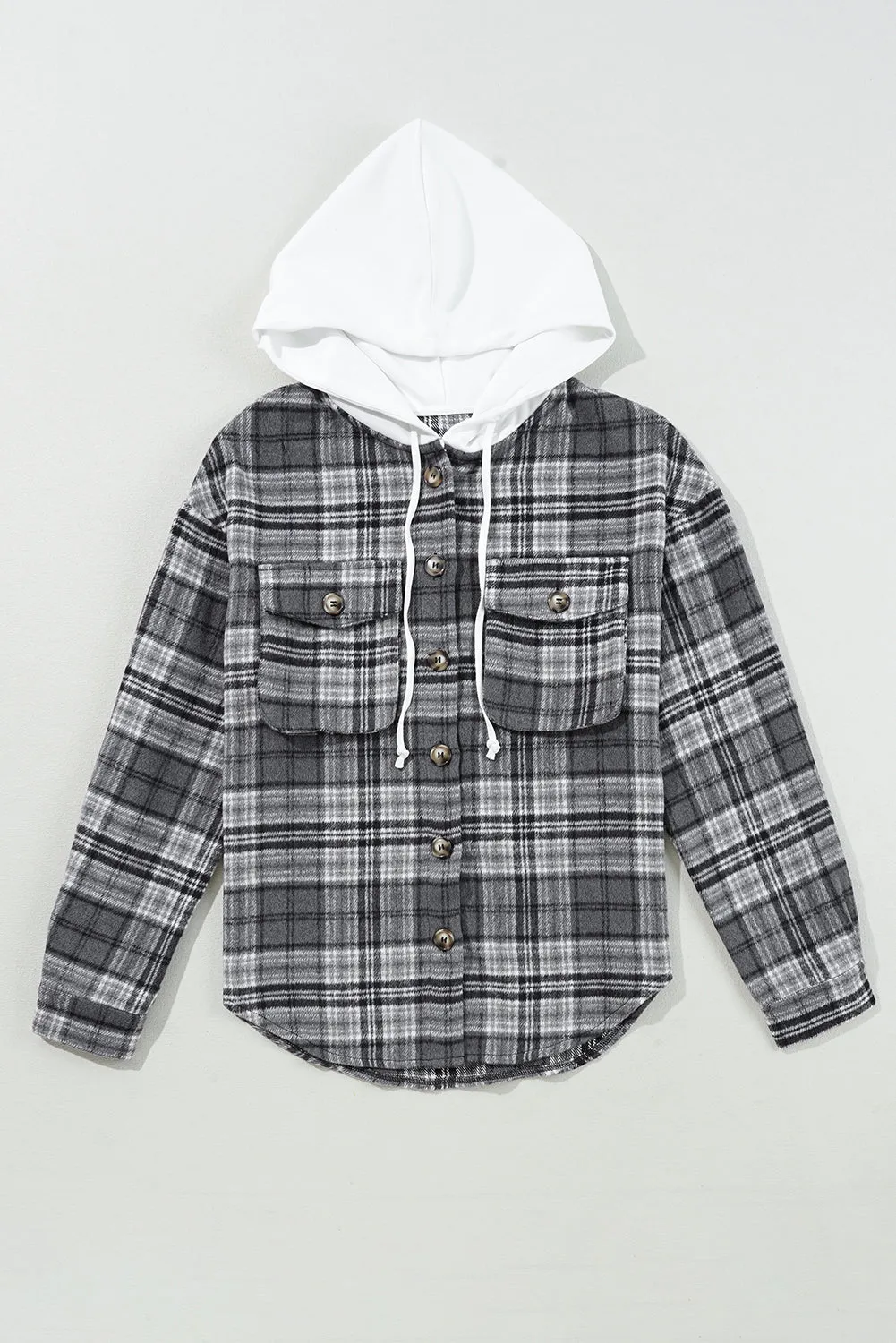 Black Plaid Print Flap Pockets Contrast Hooded Loose Shacket sold by Beagle Boutique product image thumbnail 3