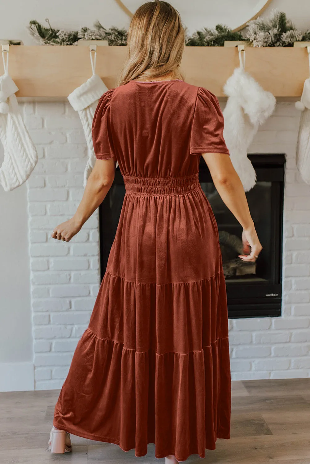 Chestnut Velvet Short Sleeve Shirred Waist Tiered Maxi Dress sold by Beagle Boutique product image thumbnail 2