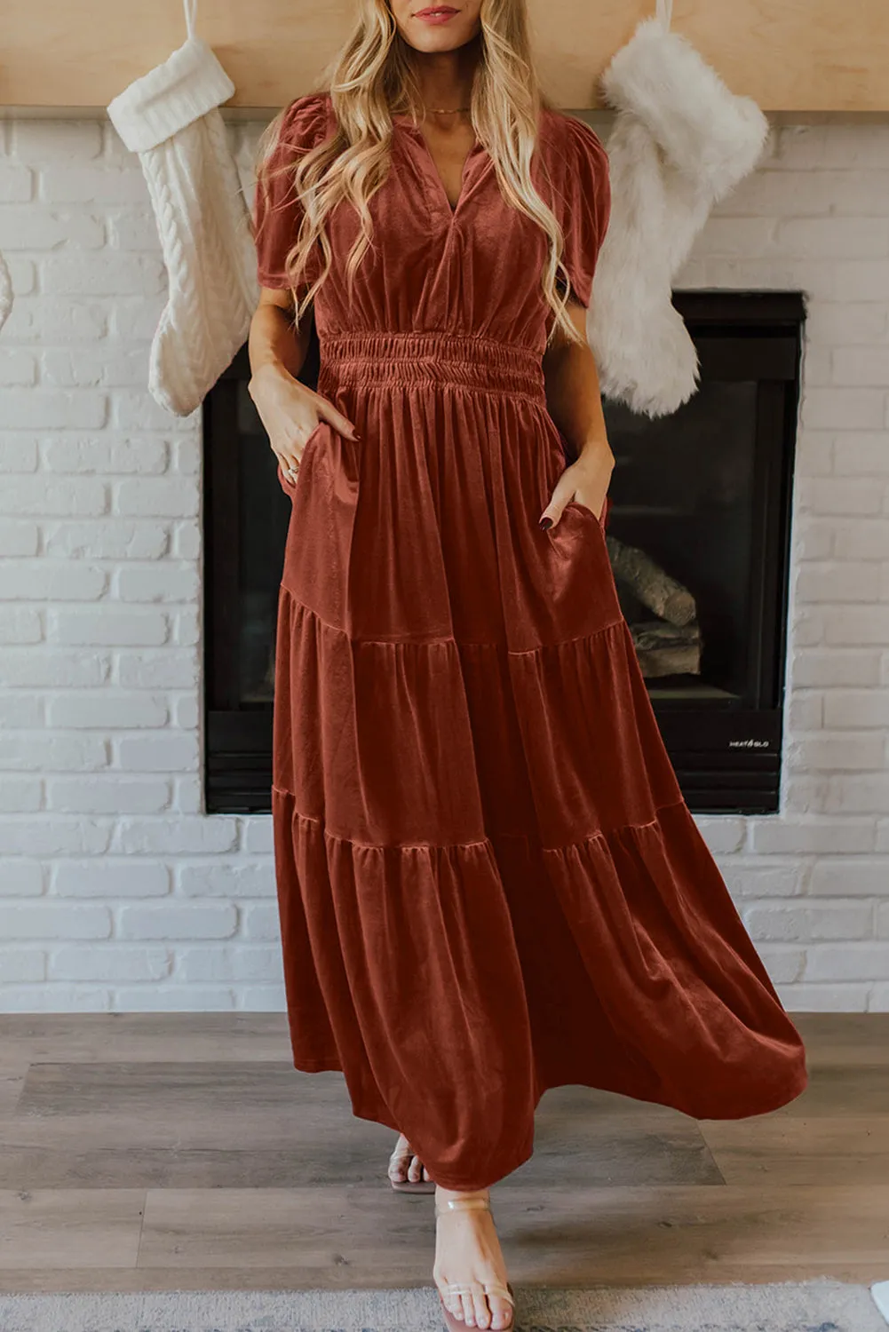 Chestnut Velvet Short Sleeve Shirred Waist Tiered Maxi Dress sold by Beagle Boutique