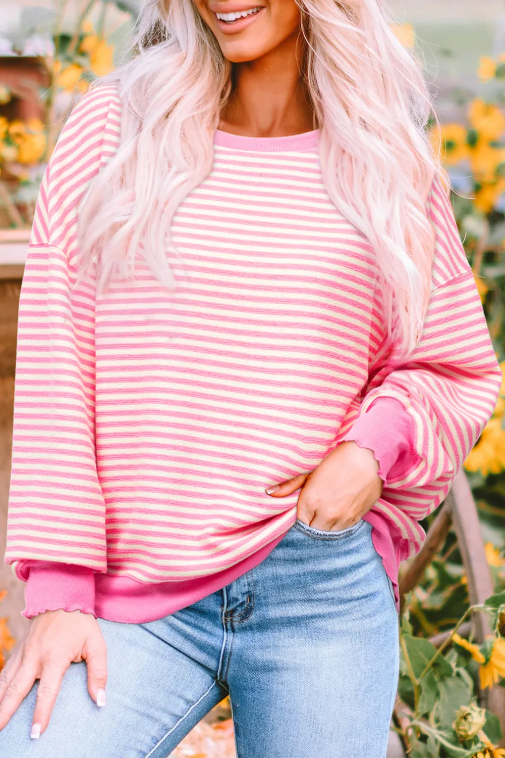 Pink Stripe Loose Drop Shoulder Long Sleeve Top sold by Beagle Boutique