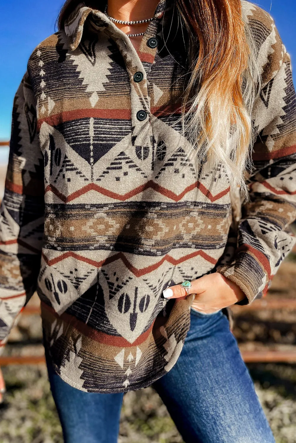 Brown Western Aztec Collared Button-up Sweatshirt sold by Beagle Boutique