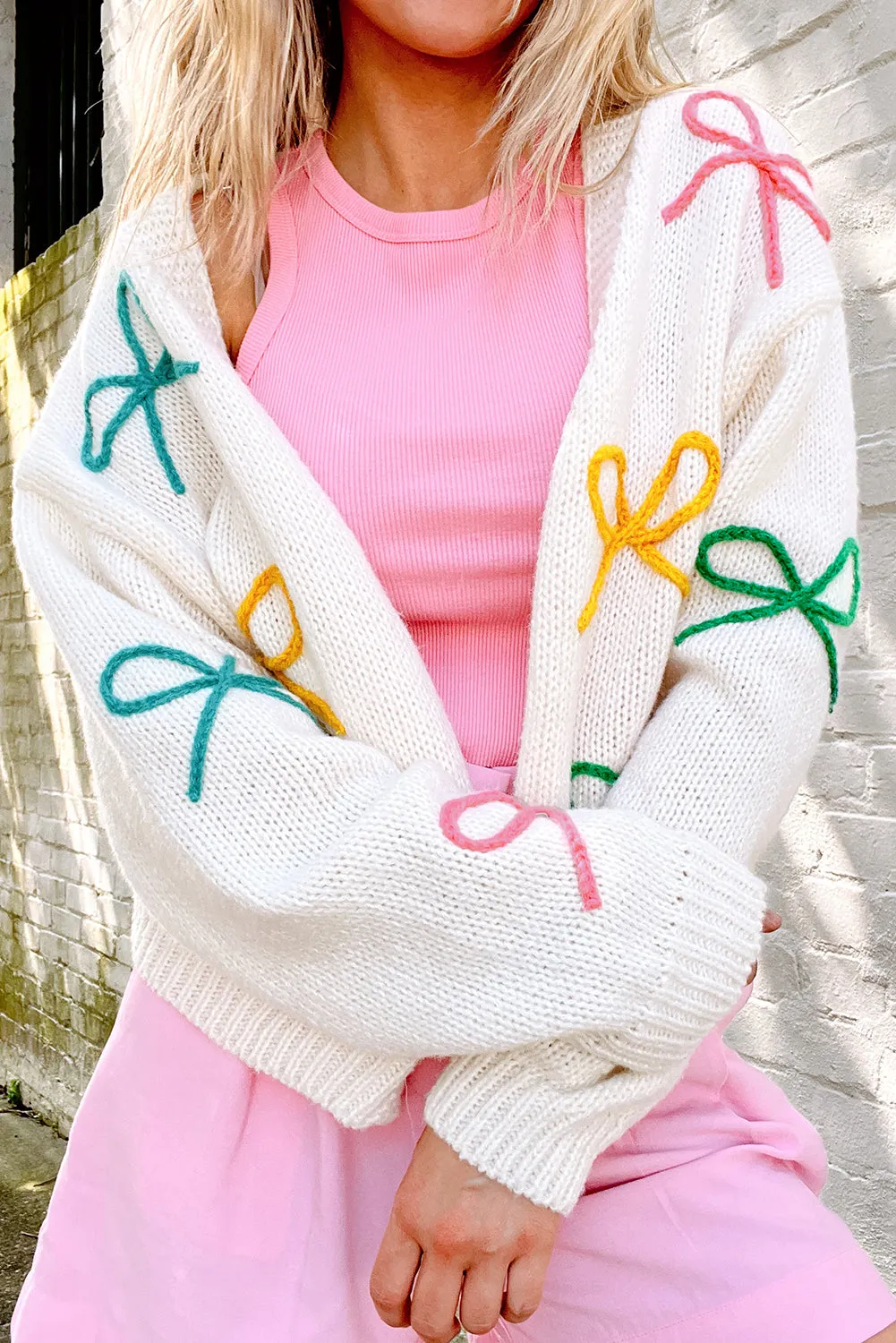 White Bowknot Drop Shoulder Knitted Button up Cardigan sold by Beagle Boutique product image thumbnail 3