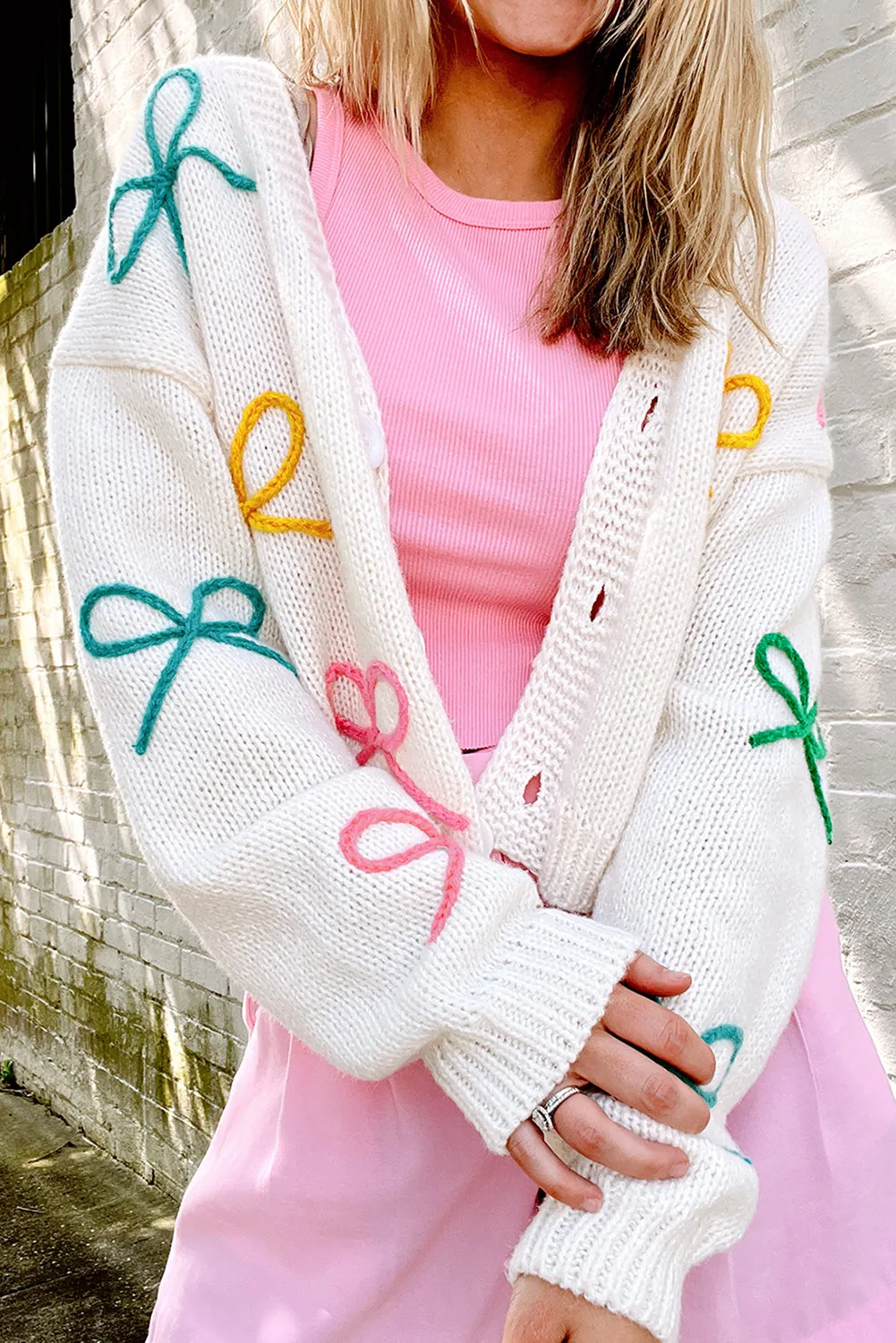 White Bowknot Drop Shoulder Knitted Button up Cardigan sold by Beagle Boutique