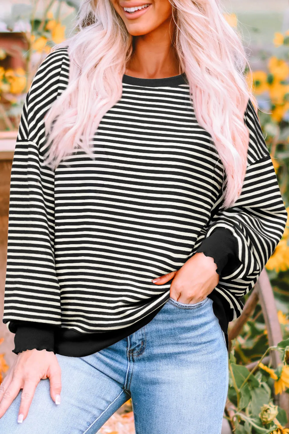 Black Stripe Loose Drop Shoulder Long Sleeve Top sold by Beagle Boutique