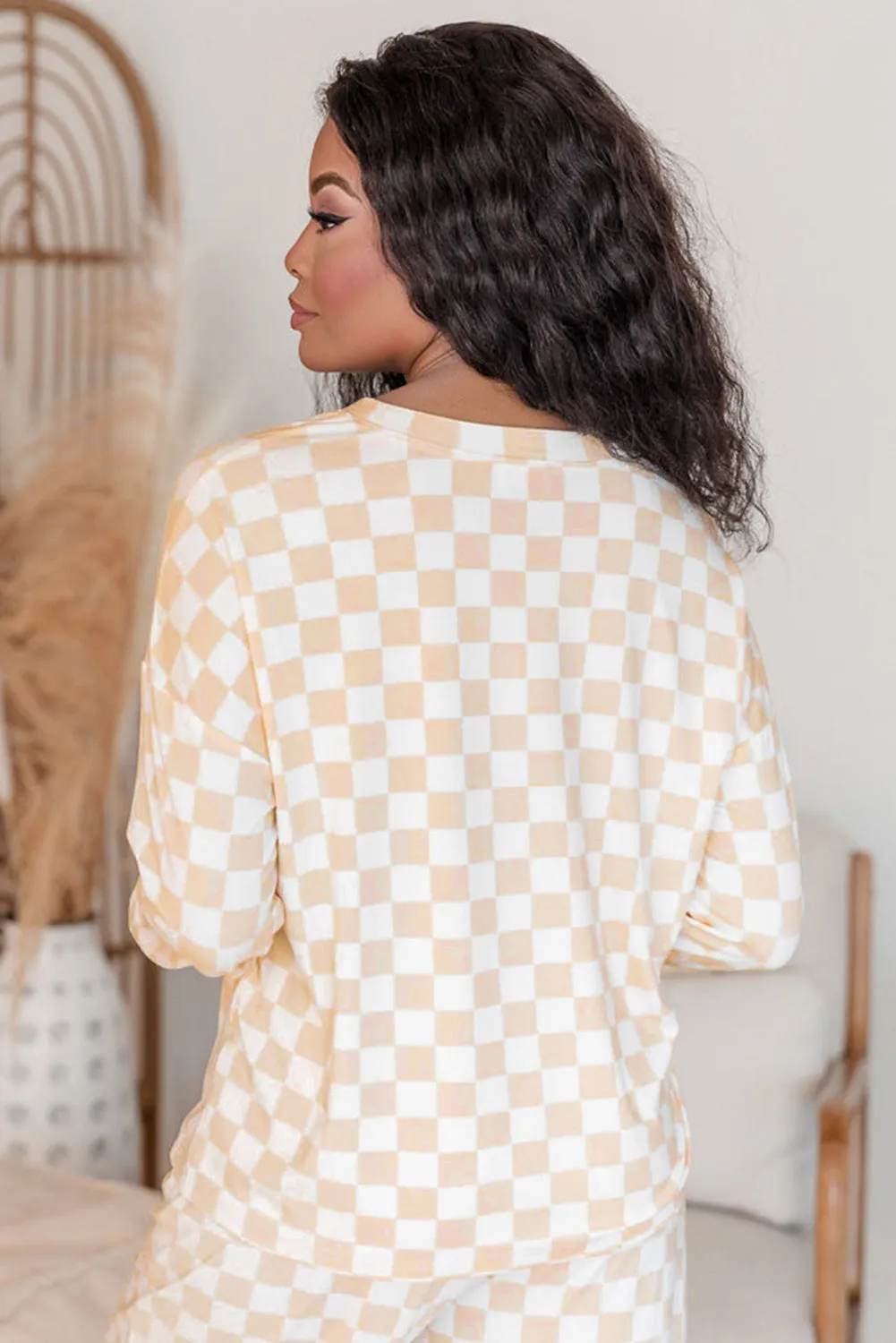 Beige Checkered Print Long Sleeve Top and Trousers Lounge Set sold by Beagle Boutique product image thumbnail 3