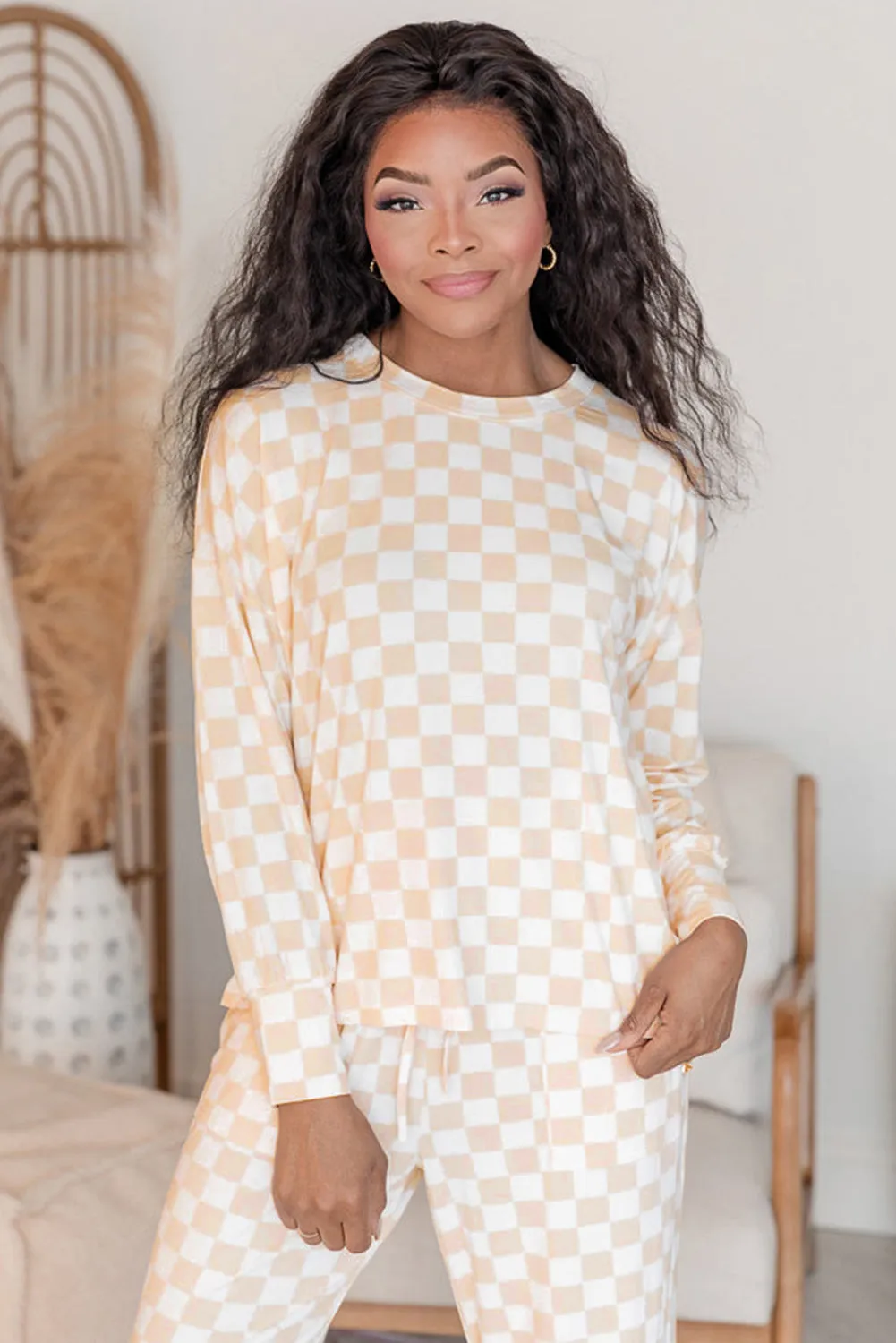 Beige Checkered Print Long Sleeve Top and Trousers Lounge Set sold by Beagle Boutique product image thumbnail 2