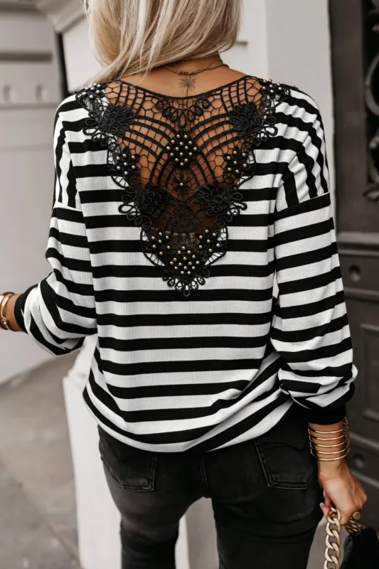 Black Stripe Crochet Hollow-out Back Buttoned Shoulder V-Neck Top sold by Beagle Boutique
