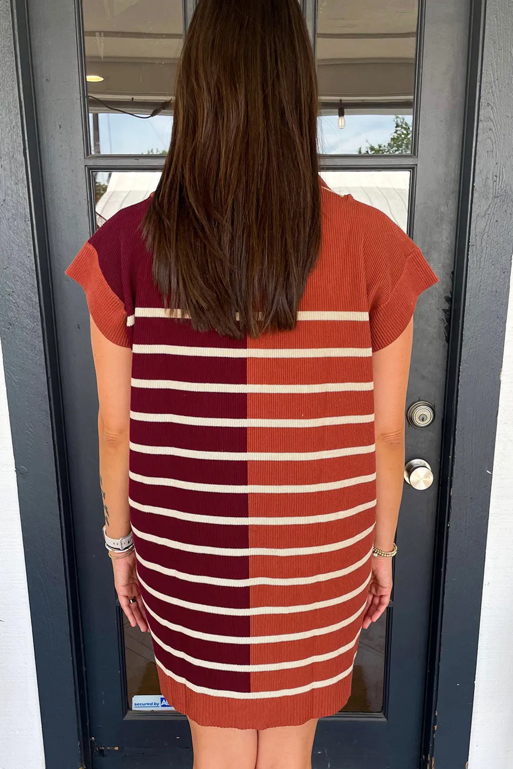 Brown Stripe Colour Block Quarter Zip Collar Short Sleeve Sweater Dress sold by Beagle Boutique product image thumbnail 2