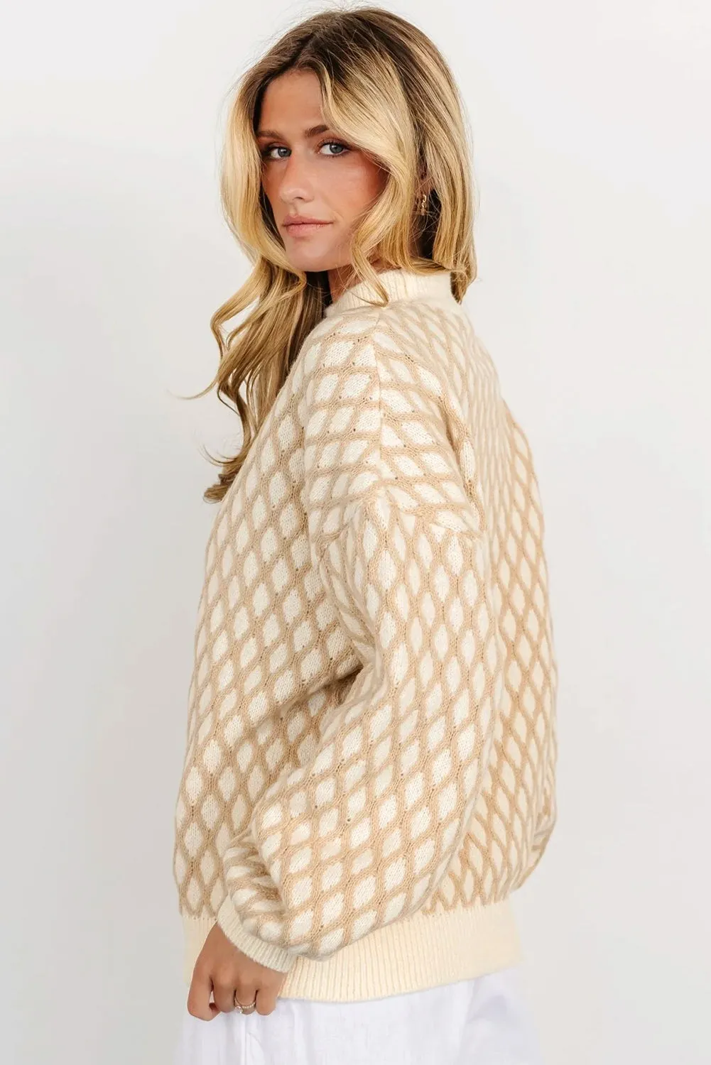 Oatmeal Diamond Knit Drop Shoulder Loose Sweater sold by Beagle Boutique product image thumbnail 3