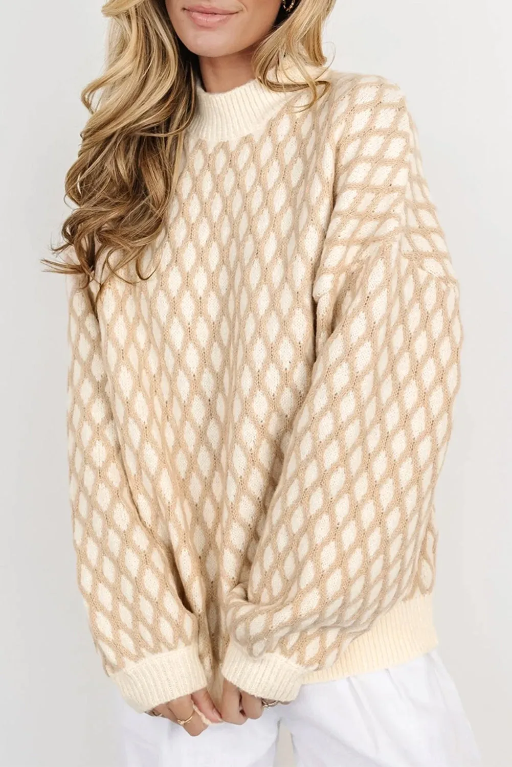 Oatmeal Diamond Knit Drop Shoulder Loose Sweater sold by Beagle Boutique