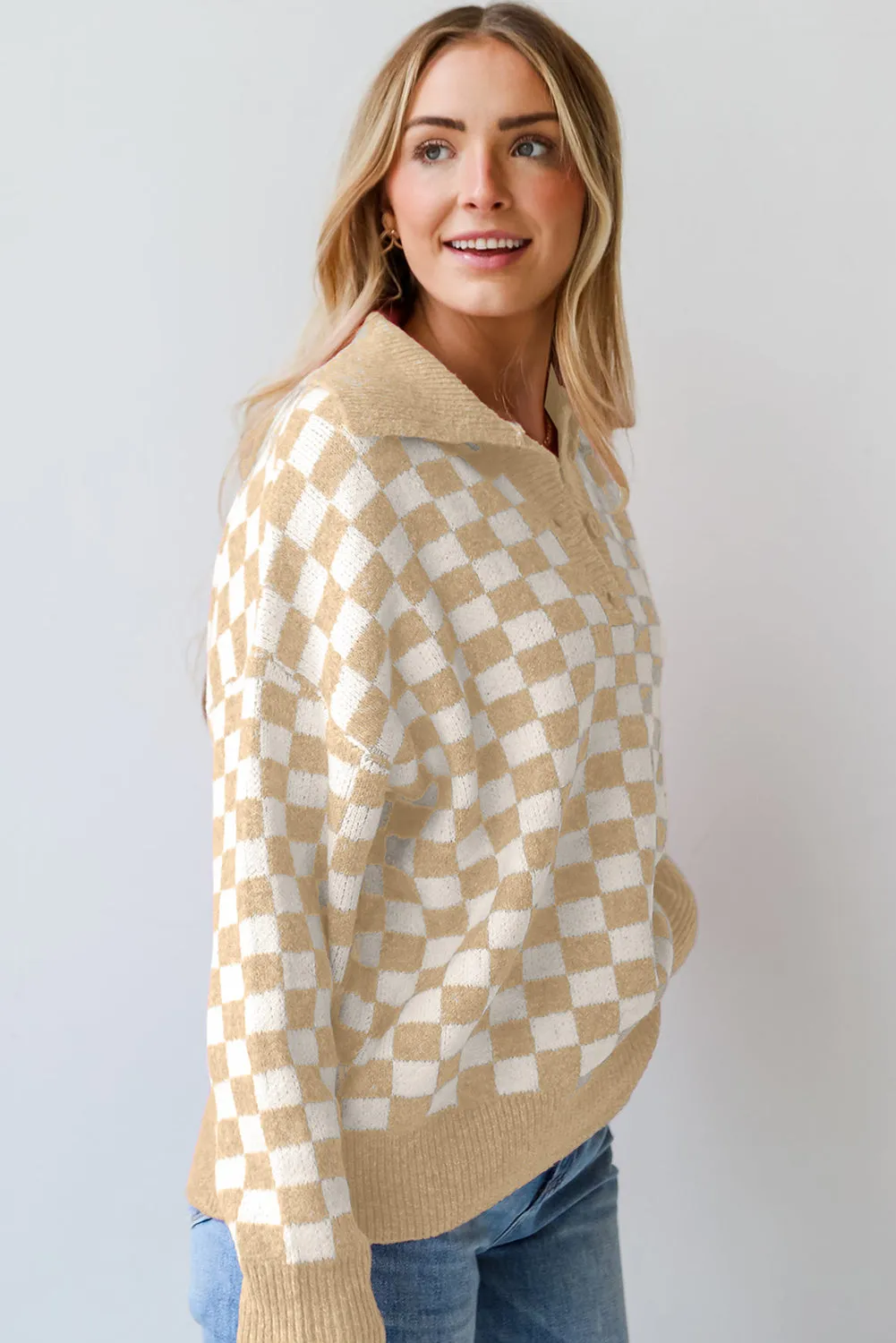 Beige Checkered Buttons Collar V Neck Drop Shoulder Sweater sold by Beagle Boutique product image thumbnail 3