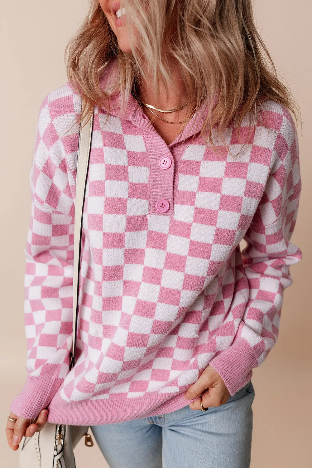 Beige Checkered Buttons Collar V Neck Drop Shoulder Sweater sold by Beagle Boutique product image thumbnail 4