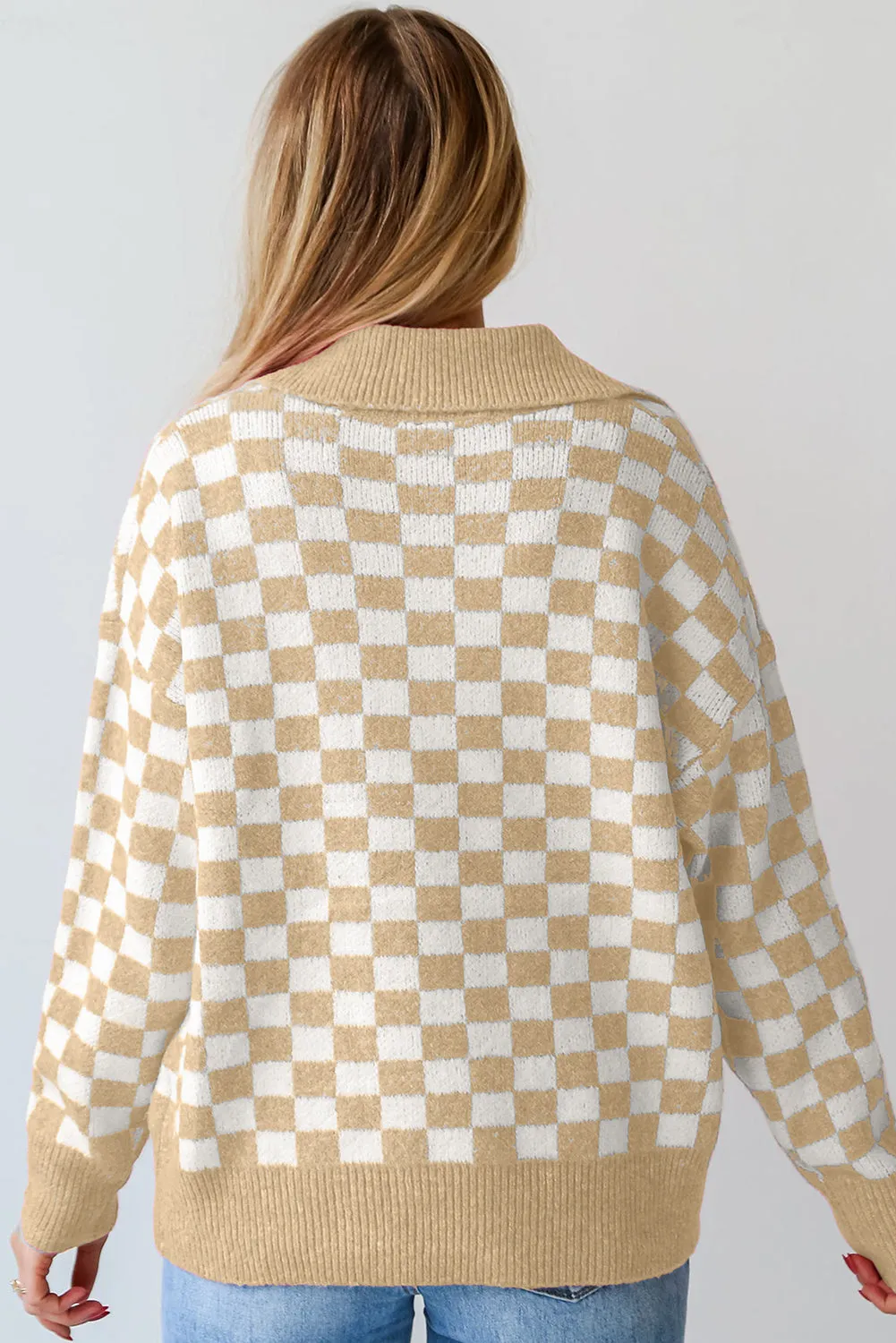 Beige Checkered Buttons Collar V Neck Drop Shoulder Sweater sold by Beagle Boutique product image thumbnail 2