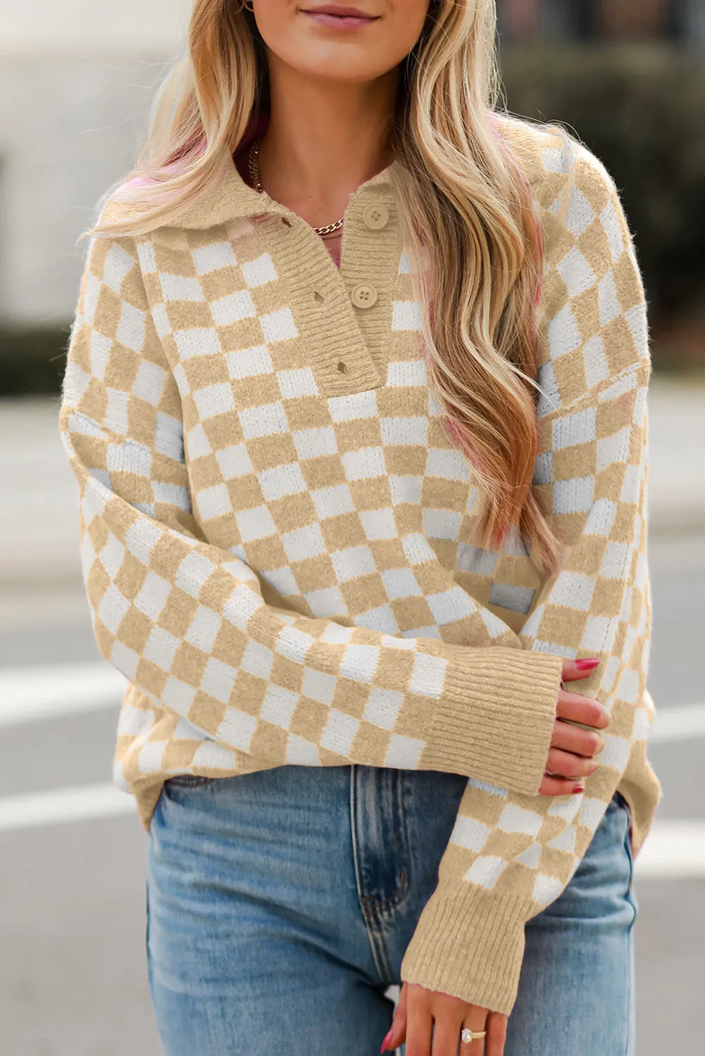 Beige Checkered Buttons Collar V Neck Drop Shoulder Sweater sold by Beagle Boutique
