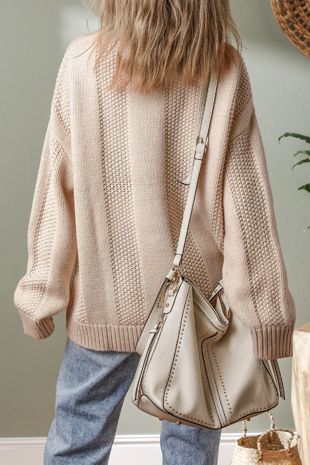 Pale Khaki Solid Colour Cable Knit Ribbed Loose Sweater sold by Beagle Boutique product image thumbnail 2
