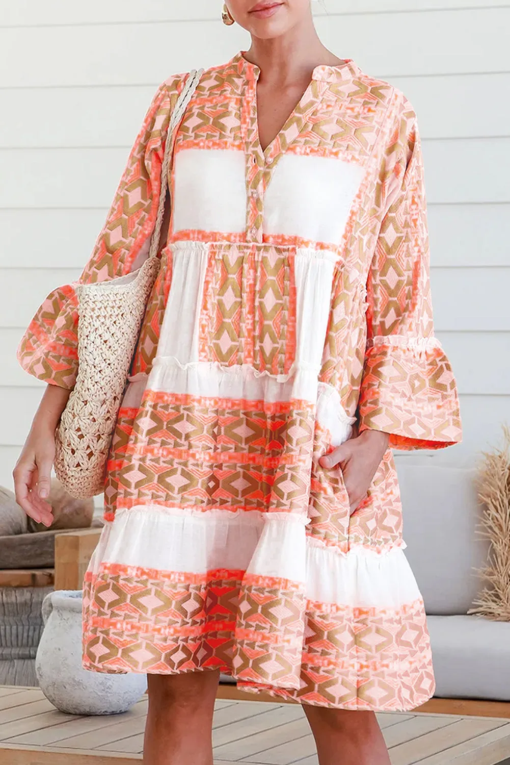 Orange Geometric Print Ruffle Tiered Button V Neck Dress sold by Beagle Boutique