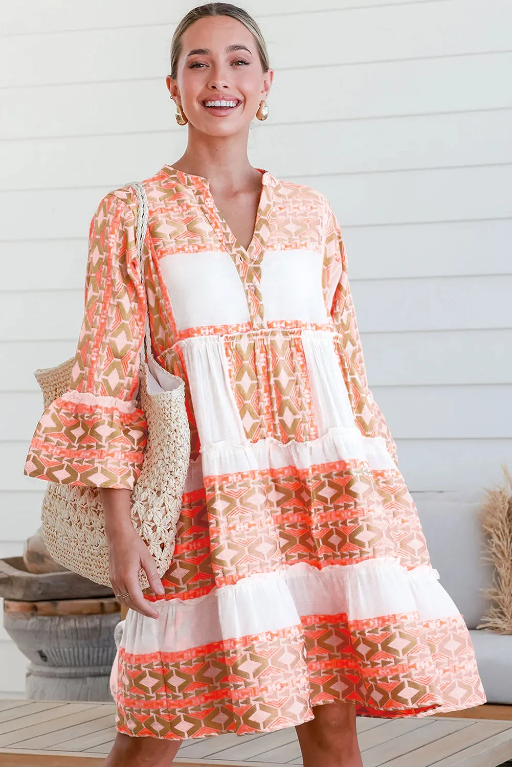 Orange Geometric Print Ruffle Tiered Button V Neck Dress sold by Beagle Boutique product image thumbnail 3