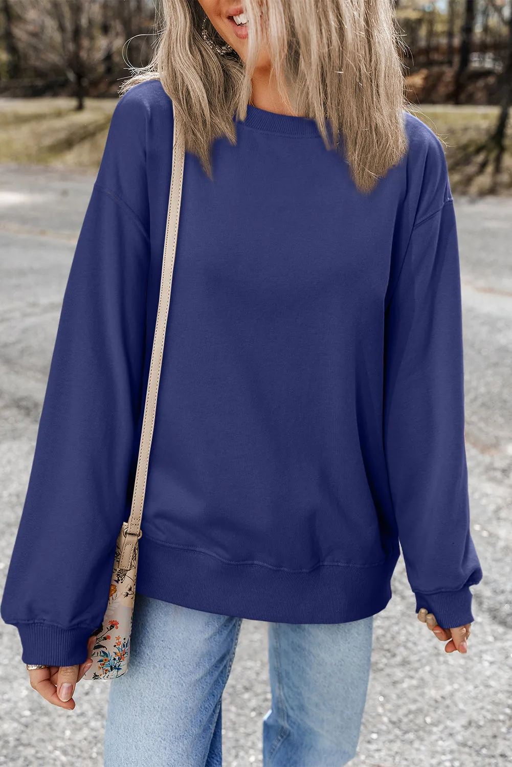 Navy Blue Plain Drop Shoulder Crewneck Pullover Sweatshirt sold by Beagle Boutique product image thumbnail 2