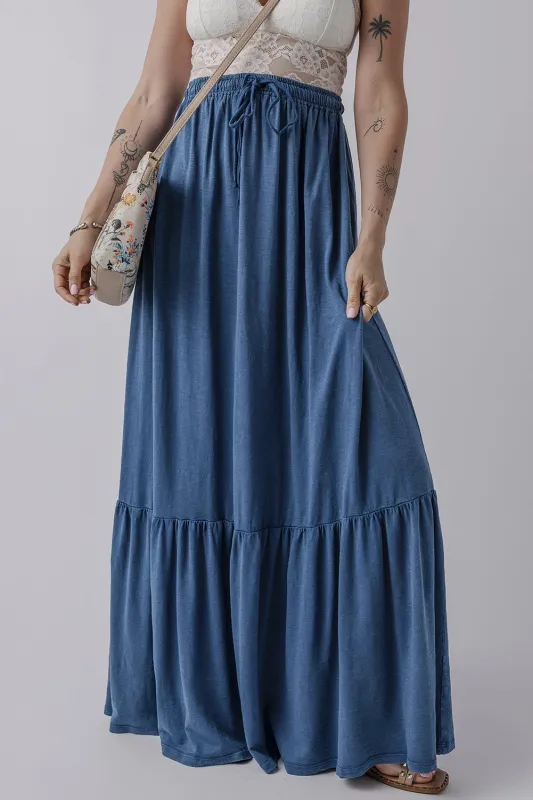 Sail Blue Solid Colour Lace up High Waist Tiered Maxi Skirt sold by Beagle Boutique