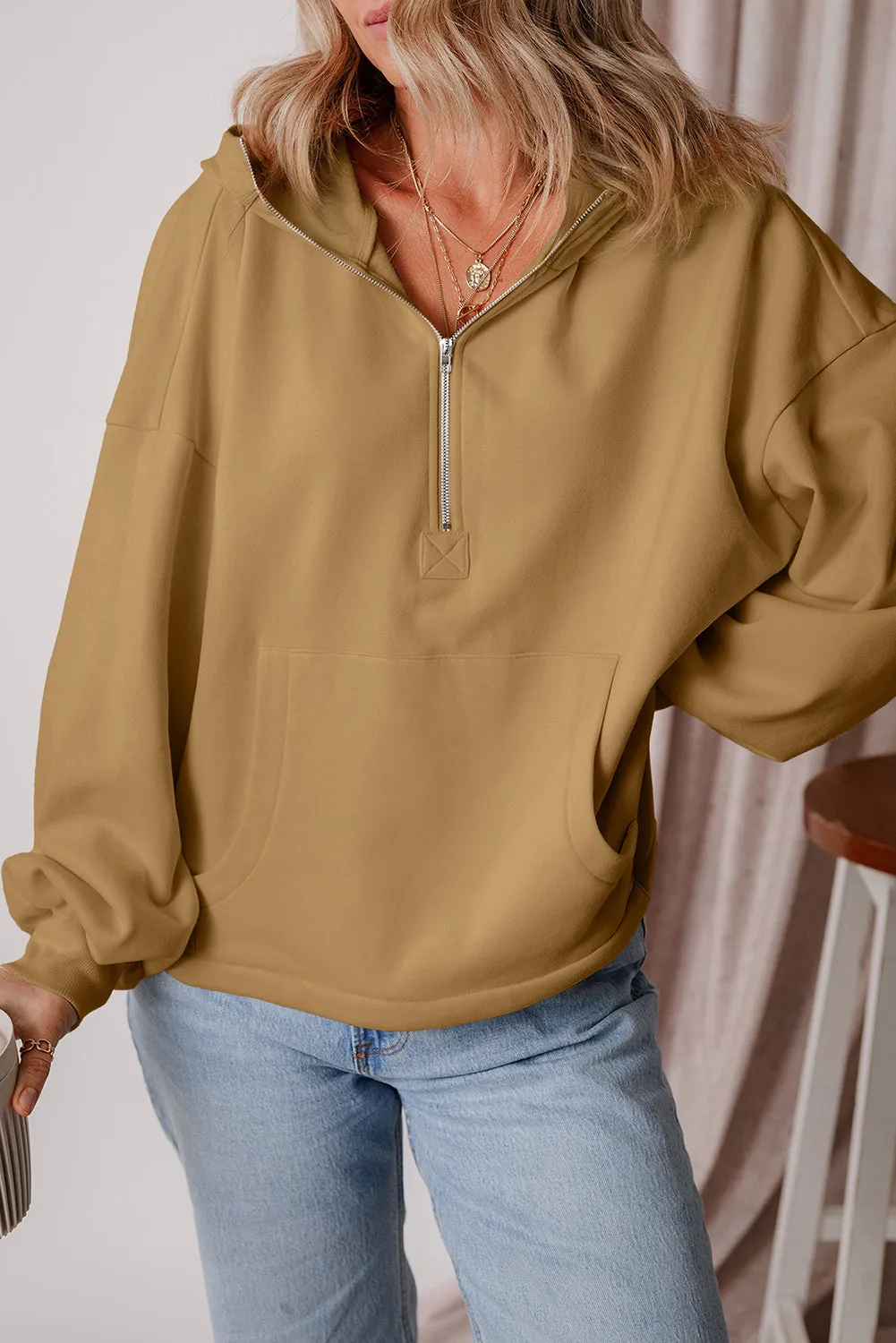 Brown Fleece Lined Half Zipper Kangaroo Pockets Loose Hoodie sold by Beagle Boutique product image thumbnail 3