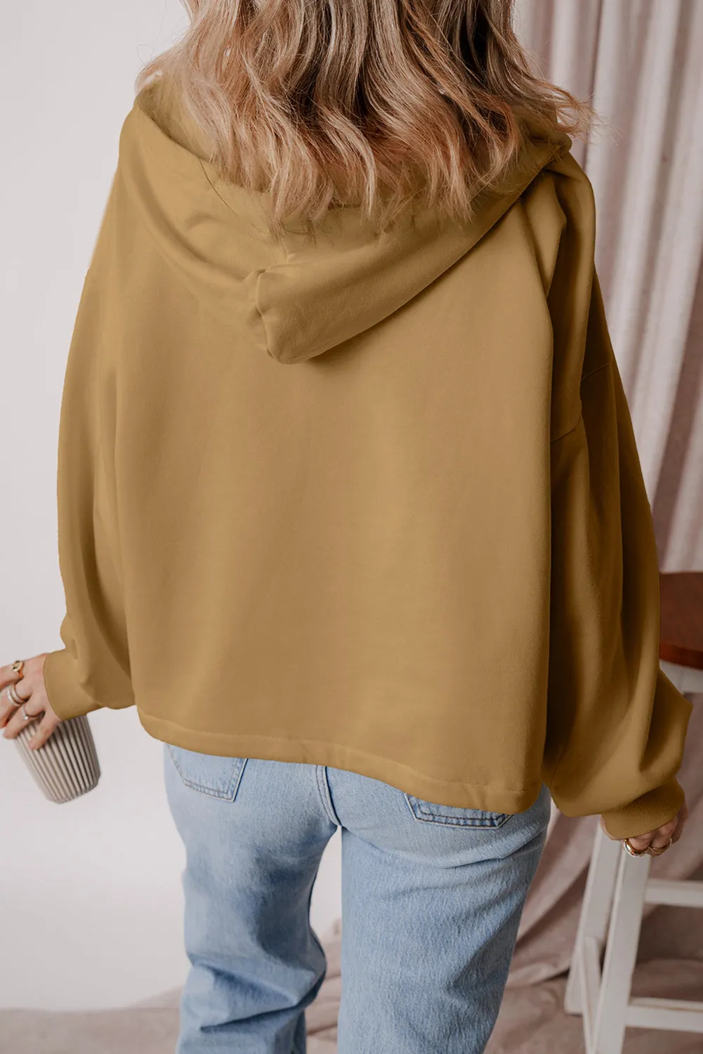 Brown Fleece Lined Half Zipper Kangaroo Pockets Loose Hoodie sold by Beagle Boutique product image thumbnail 2