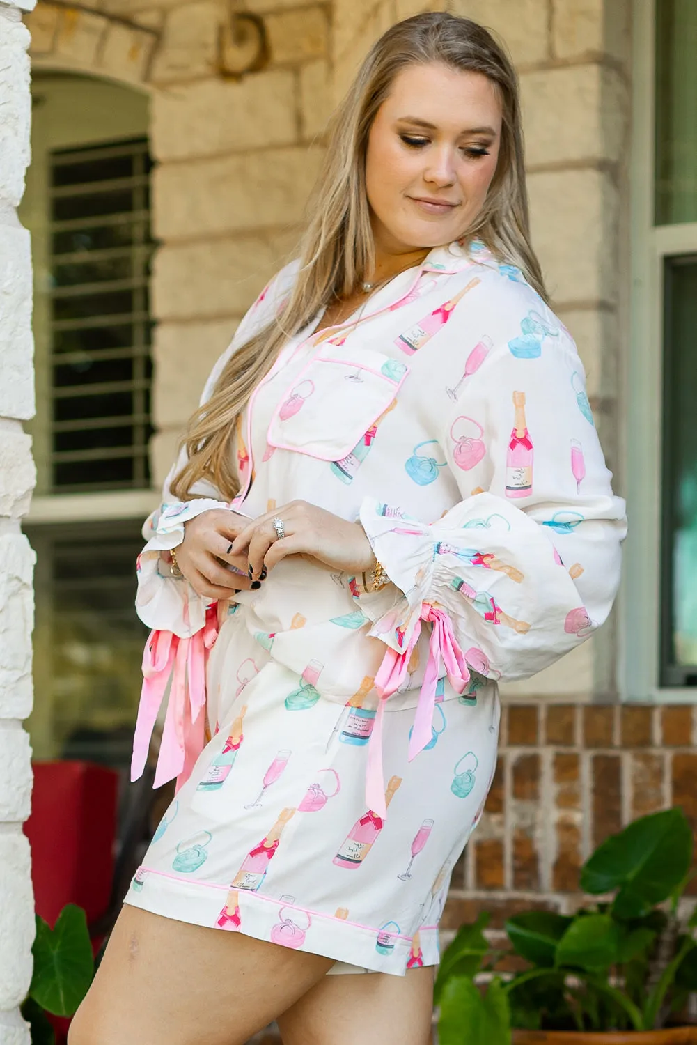 White Plus Size Wine Glass Print Bow Knot Pyjama Set sold by Beagle Boutique product image thumbnail 3
