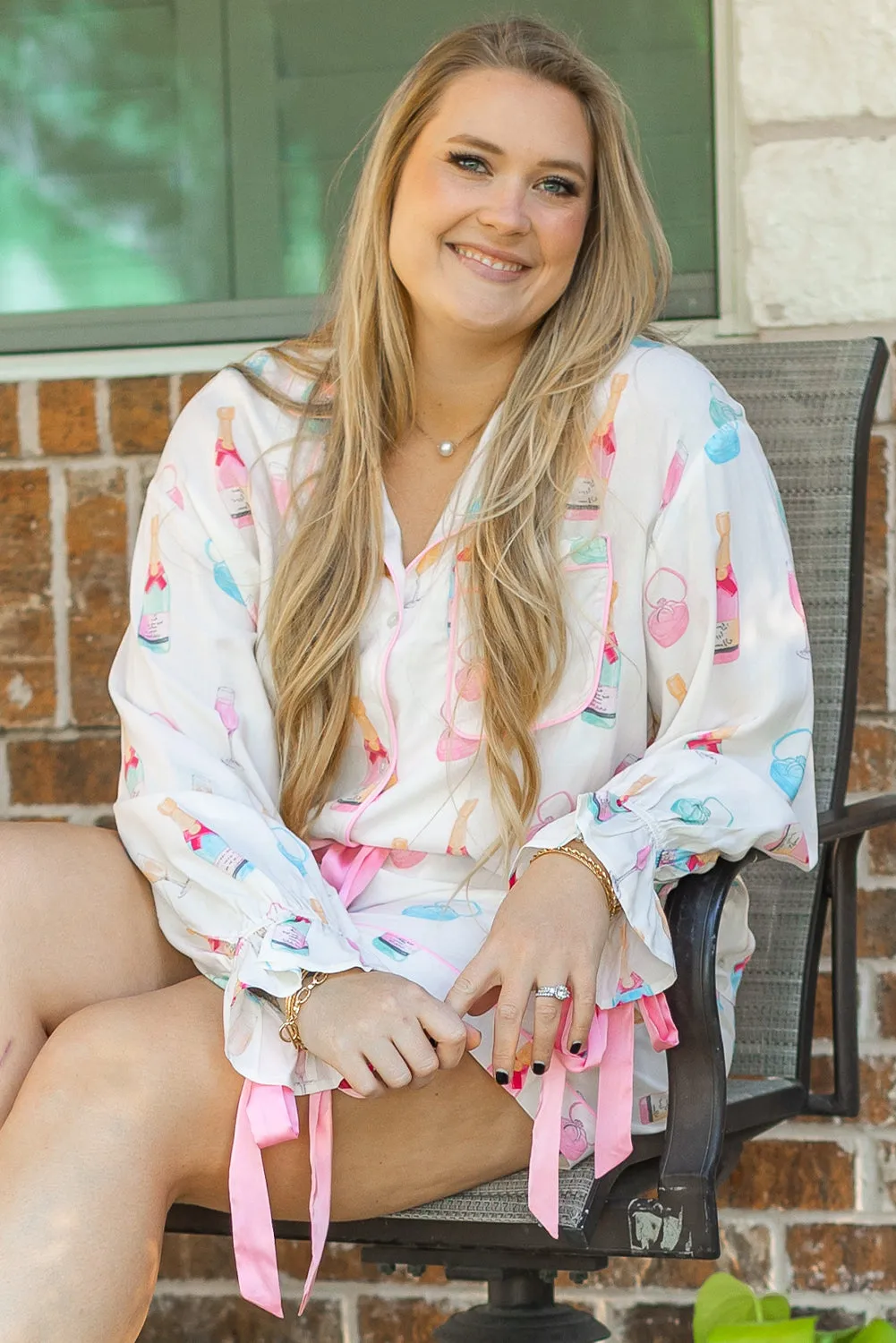 White Plus Size Wine Glass Print Bow Knot Pyjama Set sold by Beagle Boutique product image thumbnail 4