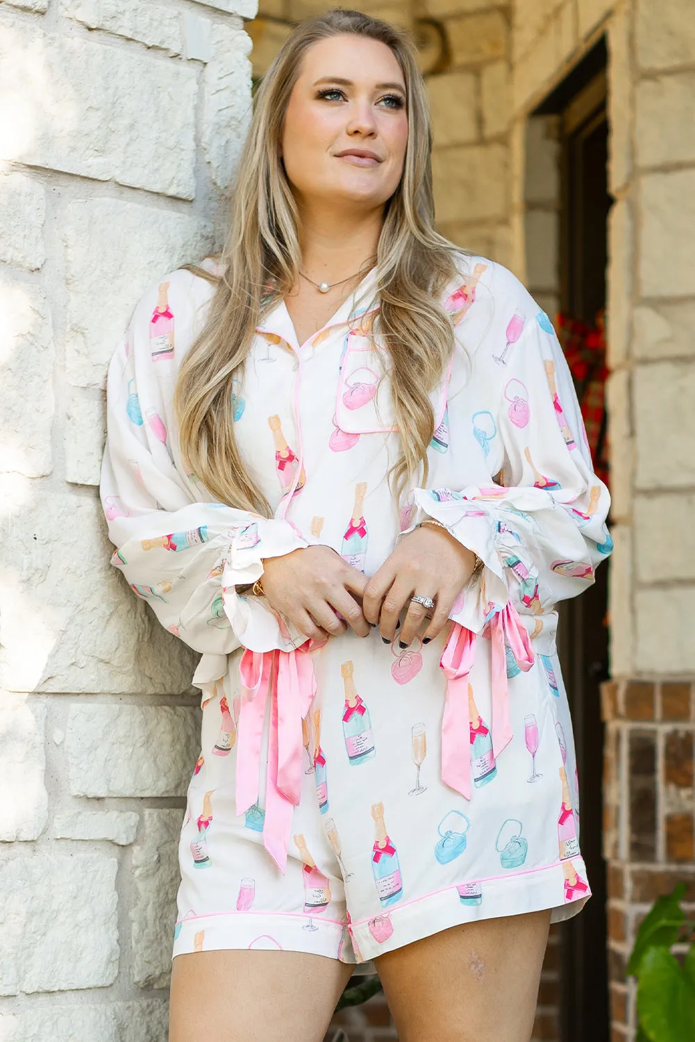 White Plus Size Wine Glass Print Bow Knot Pyjama Set sold by Beagle Boutique