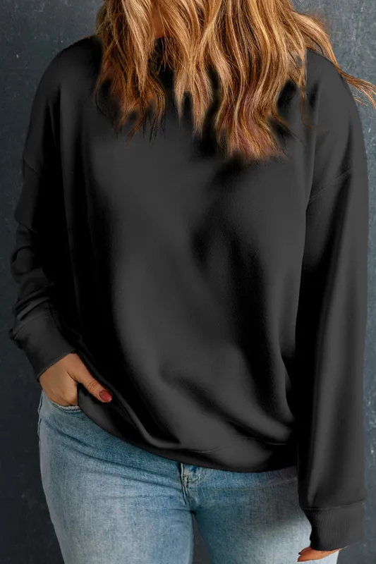 Black Solid Crew Neck Drop Shoulder Plus Size Sweatshirt sold by Beagle Boutique