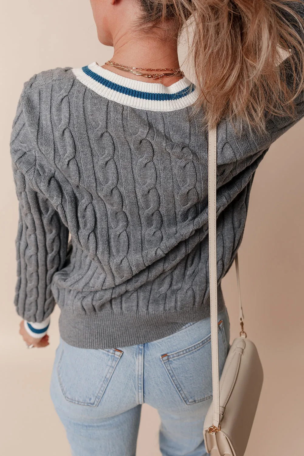 Medium Grey Colour Contrast Ribbed Edge Cable Knit V Neck Sweater sold by Beagle Boutique product image thumbnail 2