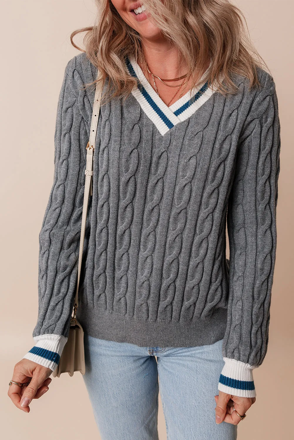Medium Grey Colour Contrast Ribbed Edge Cable Knit V Neck Sweater sold by Beagle Boutique product image thumbnail 3