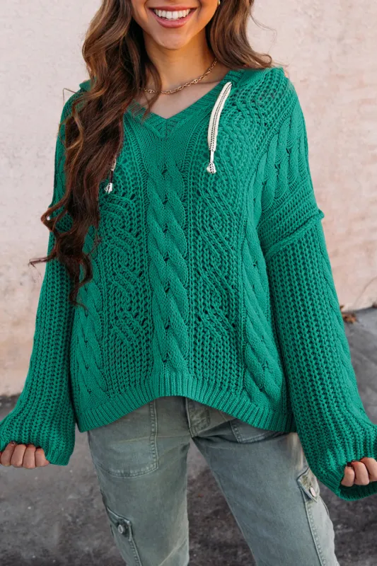 Sea Green Cable Knit V Neck Contrast Drawstring Hooded Sweater sold by Beagle Boutique