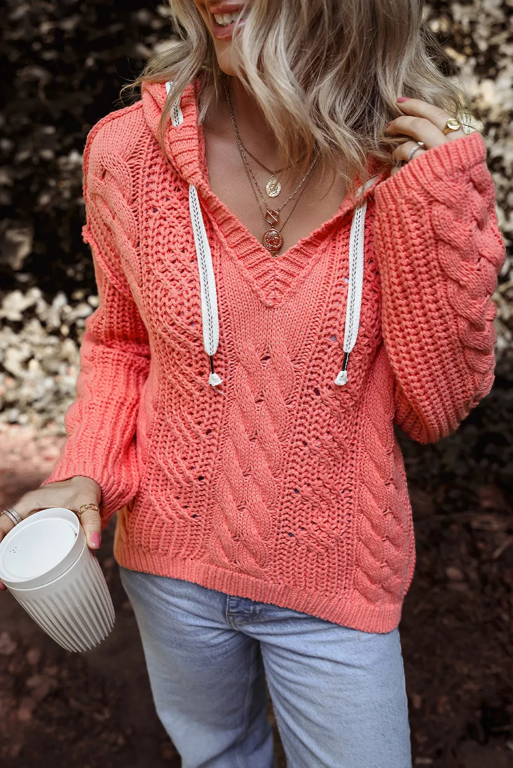 Sea Green Cable Knit V Neck Contrast Drawstring Hooded Sweater sold by Beagle Boutique product image thumbnail 5