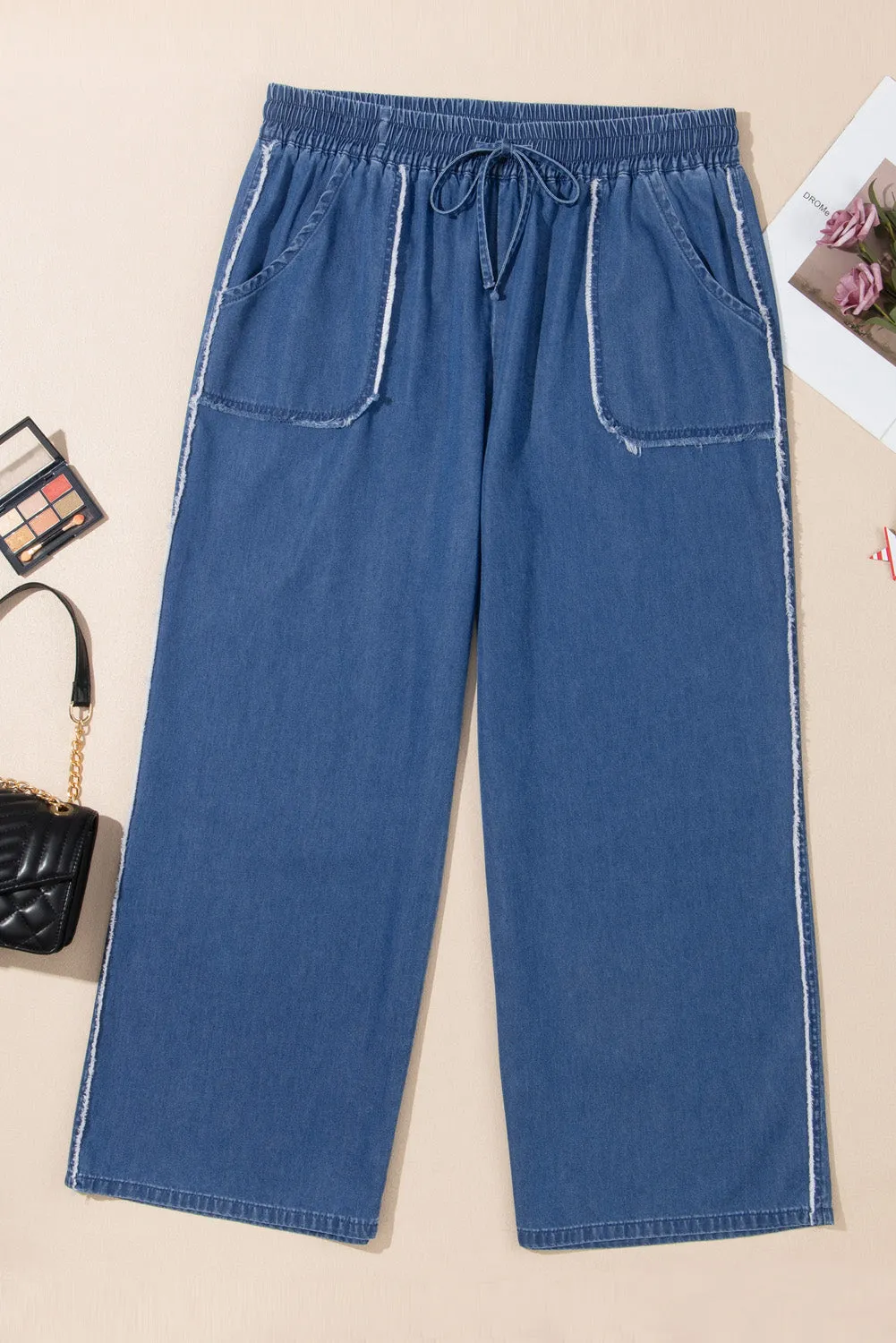 Sail Blue Washed Denim Chambray Loose Plus Size Trousers sold by Beagle Boutique