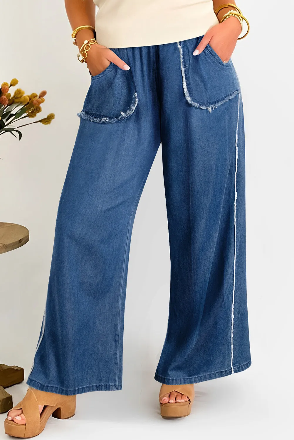 Sail Blue Washed Denim Chambray Loose Plus Size Trousers sold by Beagle Boutique product image thumbnail 4